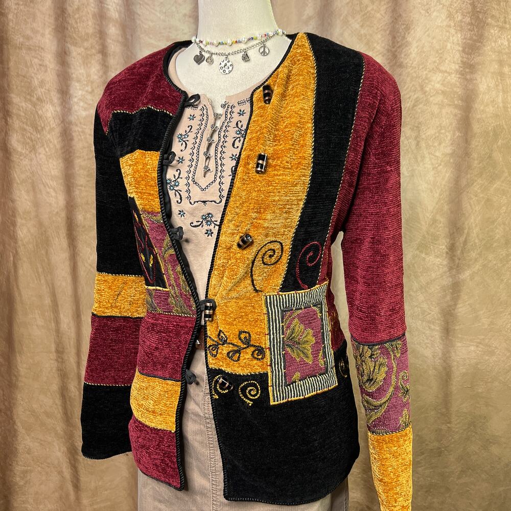 Vintage Patchwork Cardigan Sweater 90s Chenille Knit Embroidered Multicolor Boho